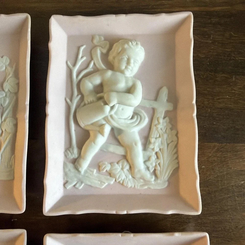 Full set of 4 Vintage Bisque wall plaques with white cherubs - Andrea by Sadek
